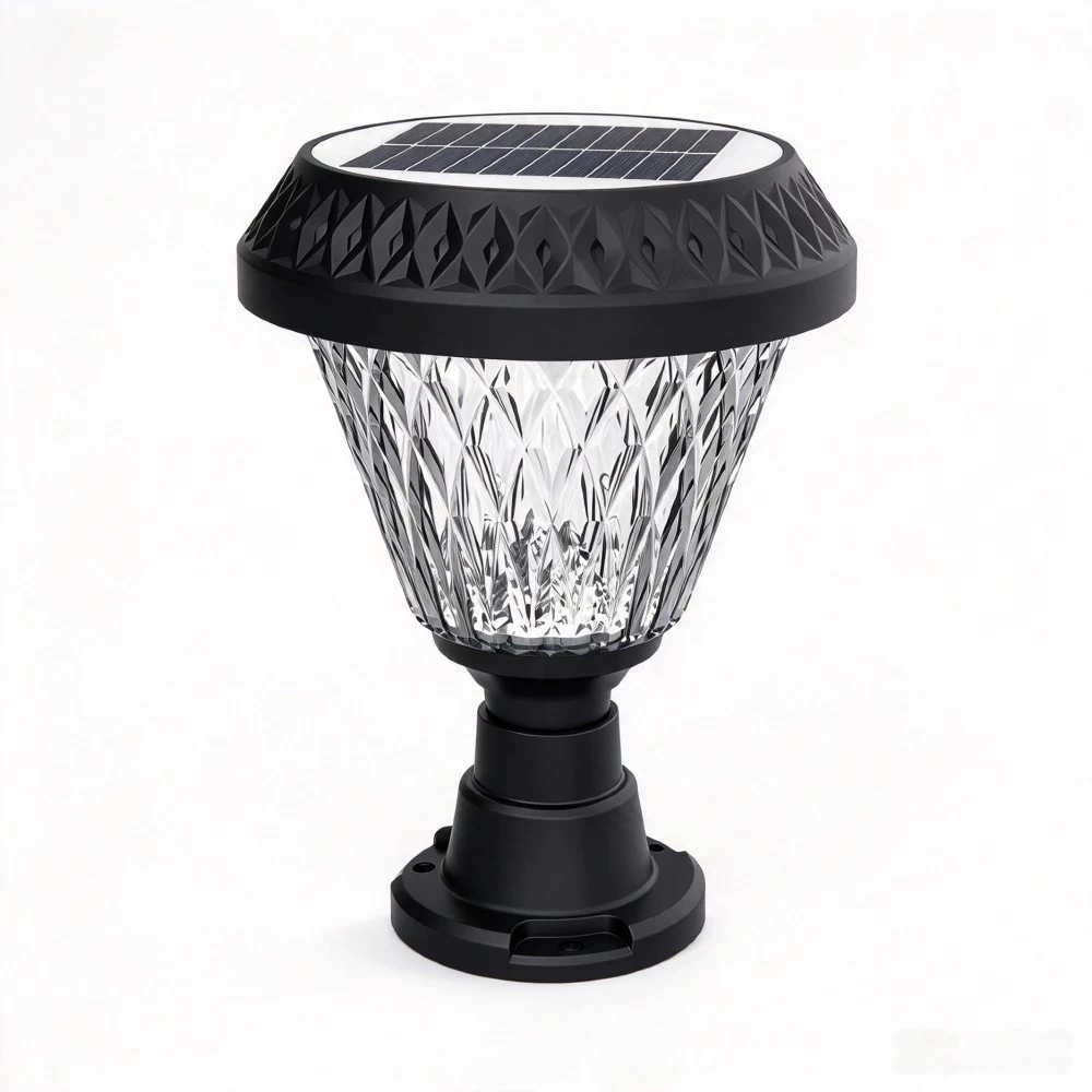 Waterproof outdoor solar post lamp with a square lantern design for garden and pathway lighting.