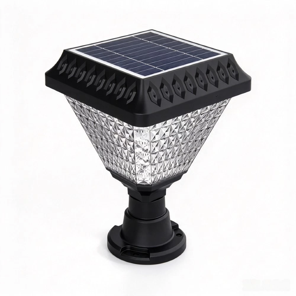 Modern outdoor solar pillar light in a round clear fixture design mounted on a black post.