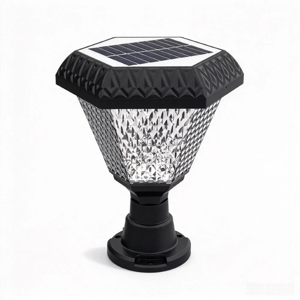 Six-sided hexagonal solar pillar light fixture for outdoor post, patio, and fence top illumination