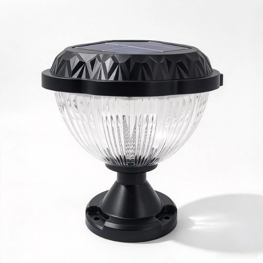 Decorative flower style solar landscape post lantern for outdoor deck and driveway.