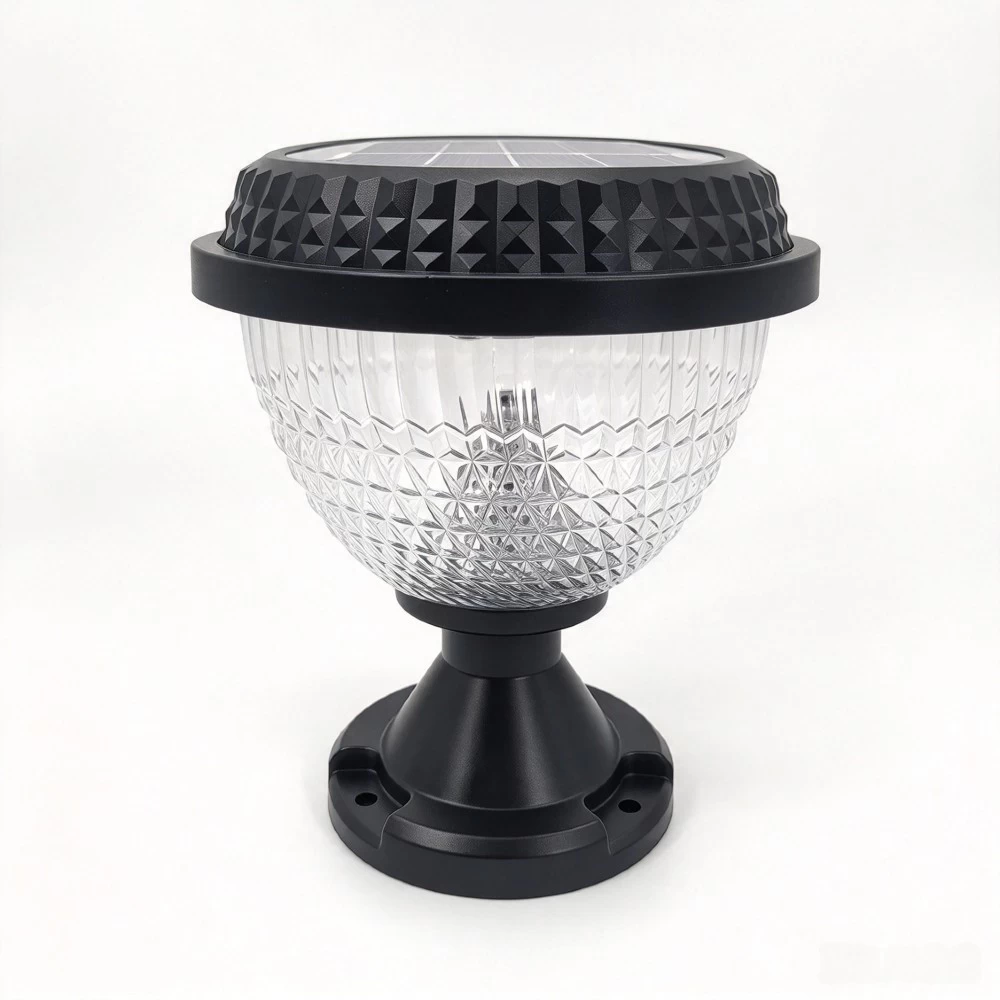 Round solar post lamp top showing integrated solar panel and clear casing design.