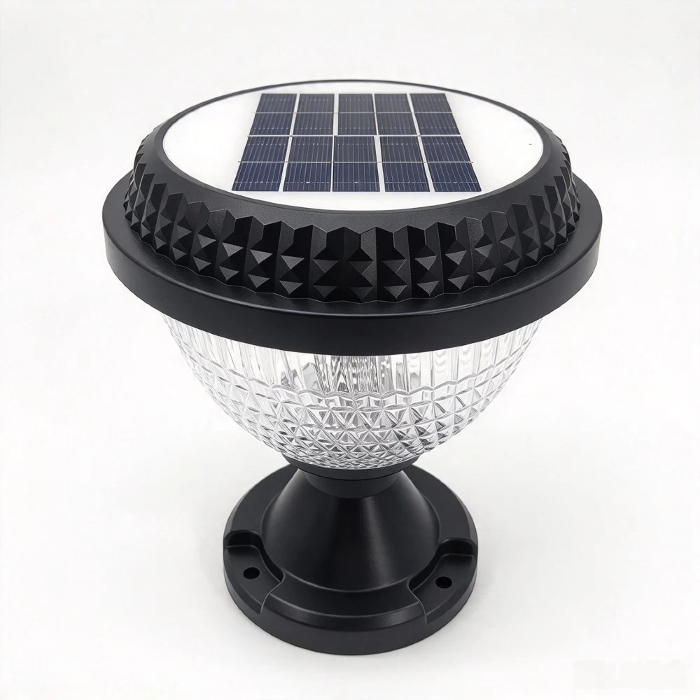 Outdoor solar post light in round shape mounted on black base for fence and yard.