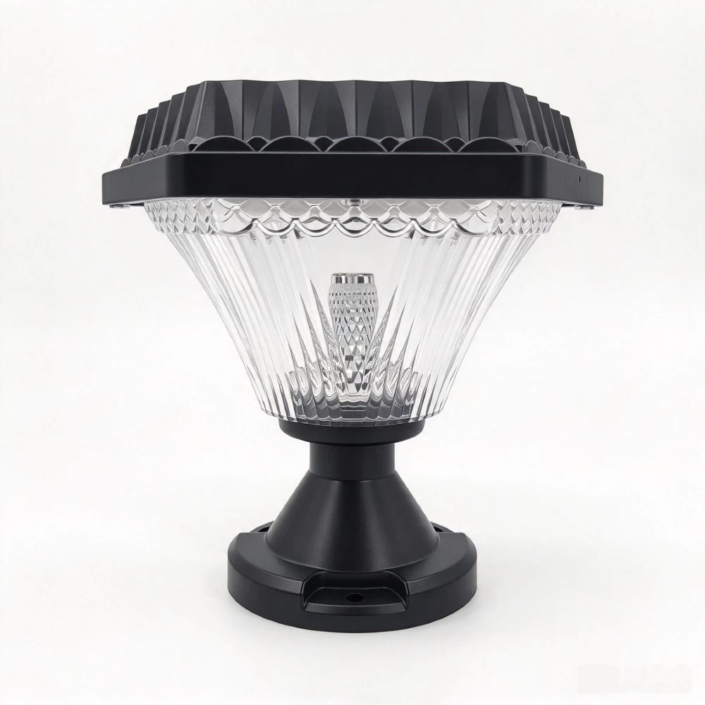 Hexagonal outdoor solar post cap light for fence top and pathway illumination.