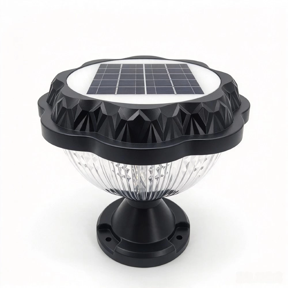 Solar pillar light with decorative flower pattern panel top and built-in solar cell.