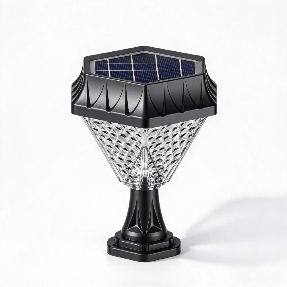 Hexagonal crystal solar post lamp providing decorative landscape illumination for outdoor fence tops and pathways.