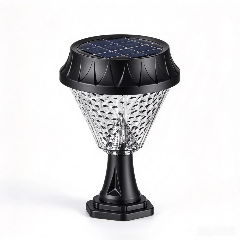 Modern waterproof solar pillar light with crystal-clear round casing mounted on a black outdoor post.