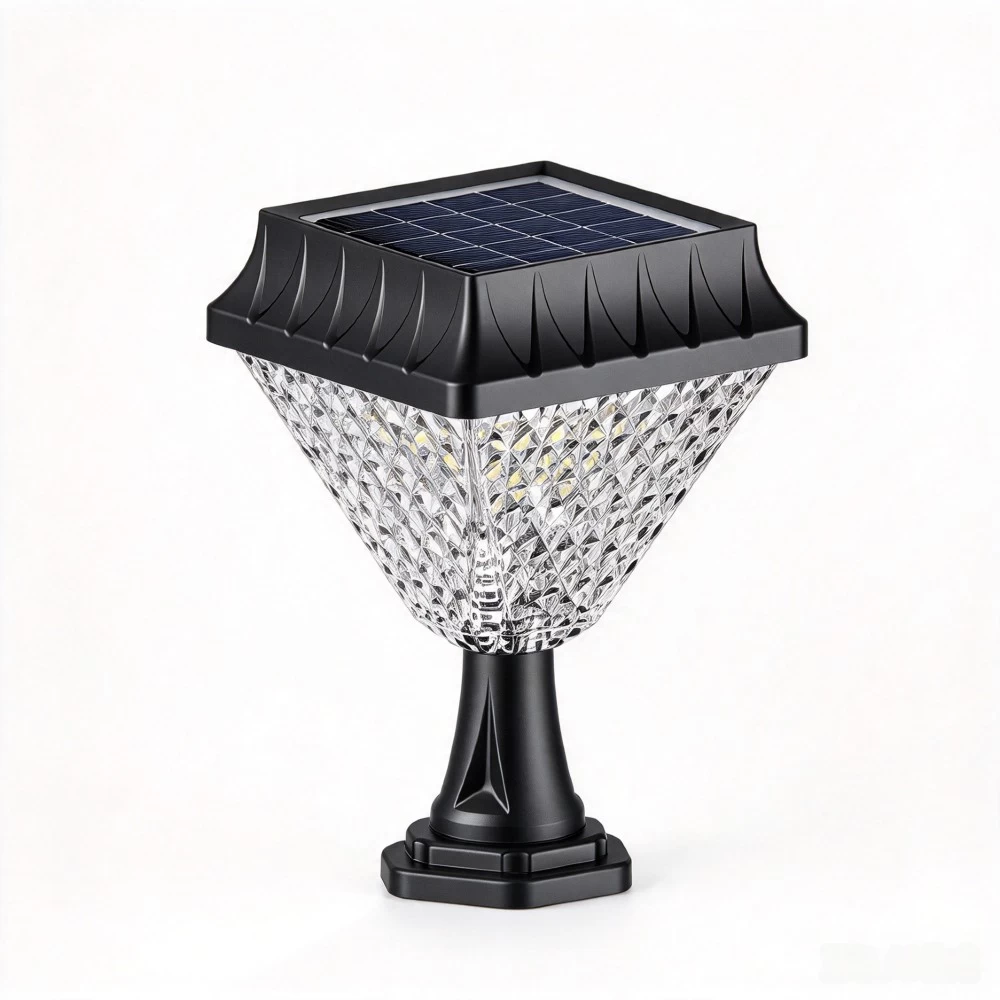 Square crystal solar post light fixture with waterproof design for garden fence, patio, and deck columns.