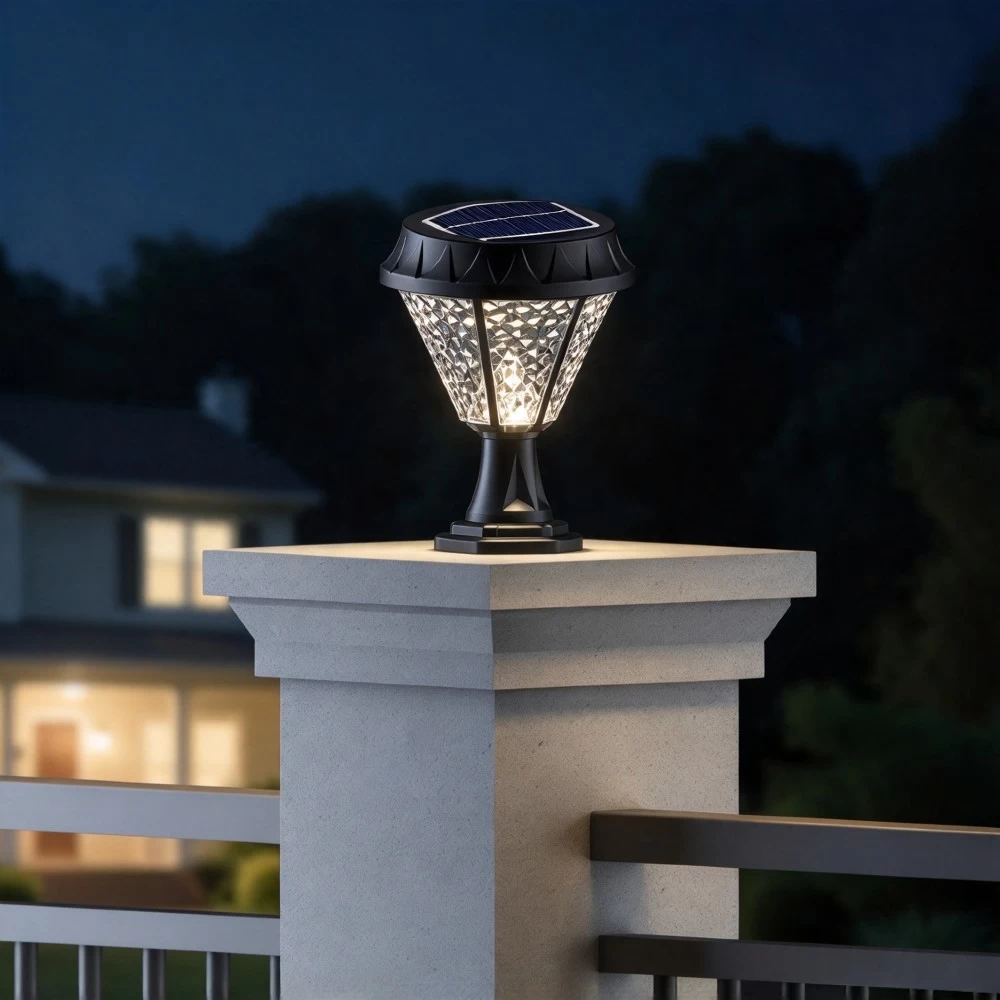 Top view of round solar pillar light showing the integrated solar panel and clear crystal texture.