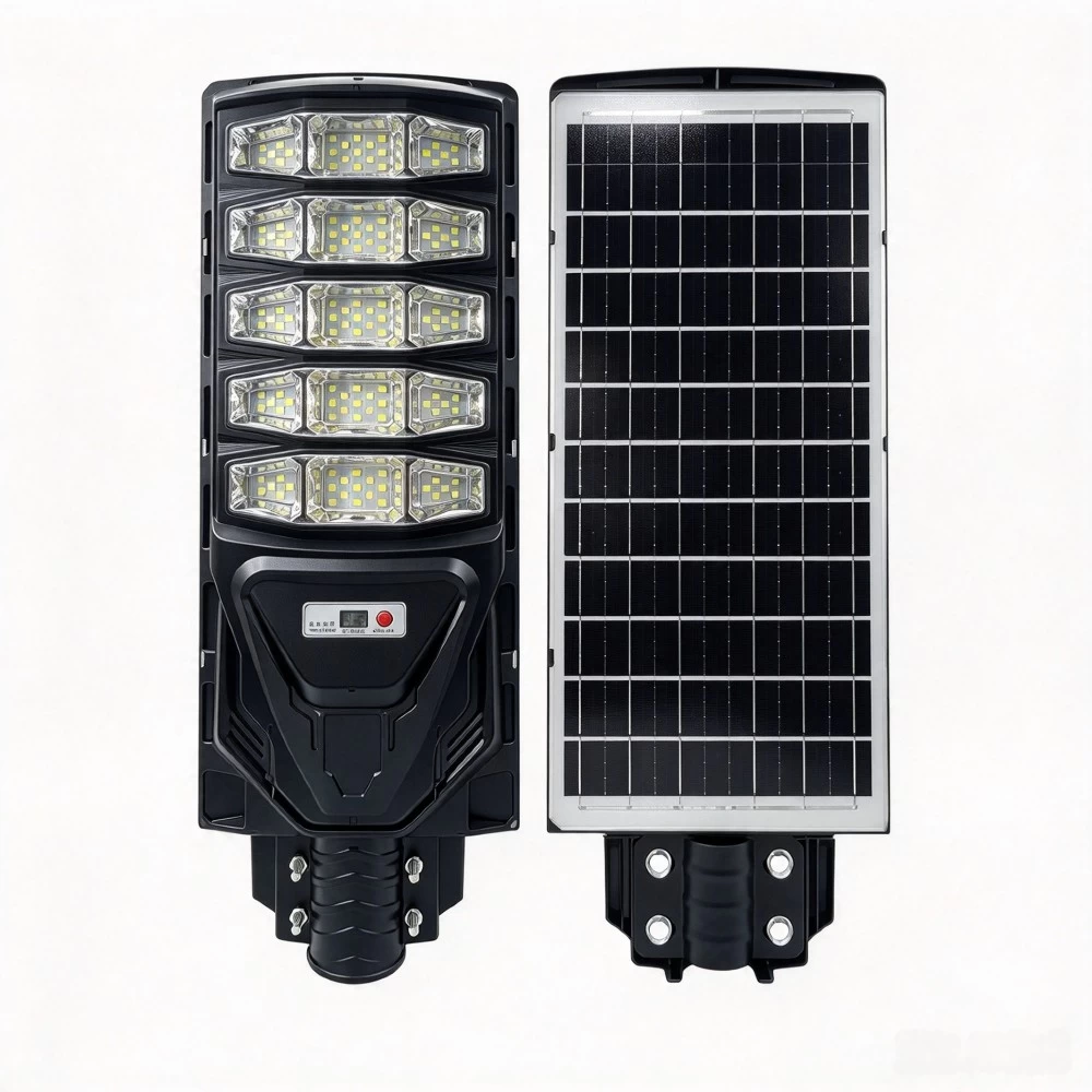 Top view of integrated solar panel on outdoor LED street light for solar charging.