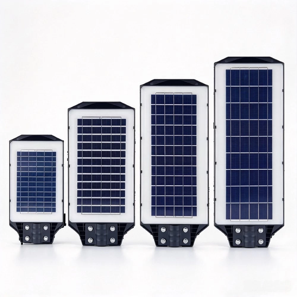 Top view of integrated high-efficiency solar charging panel on outdoor LED street light fixture.