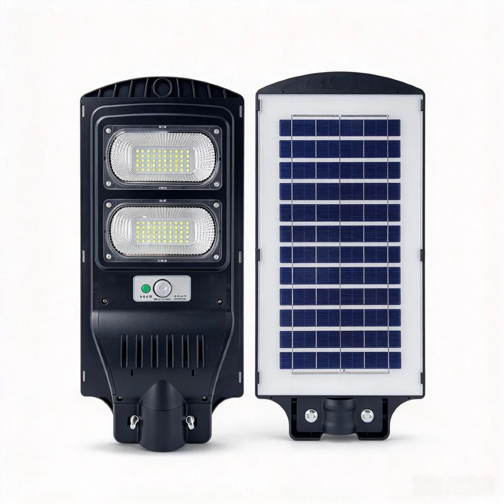 60W integrated outdoor solar LED street lamp with weatherproof casing and integrated solar panel.
