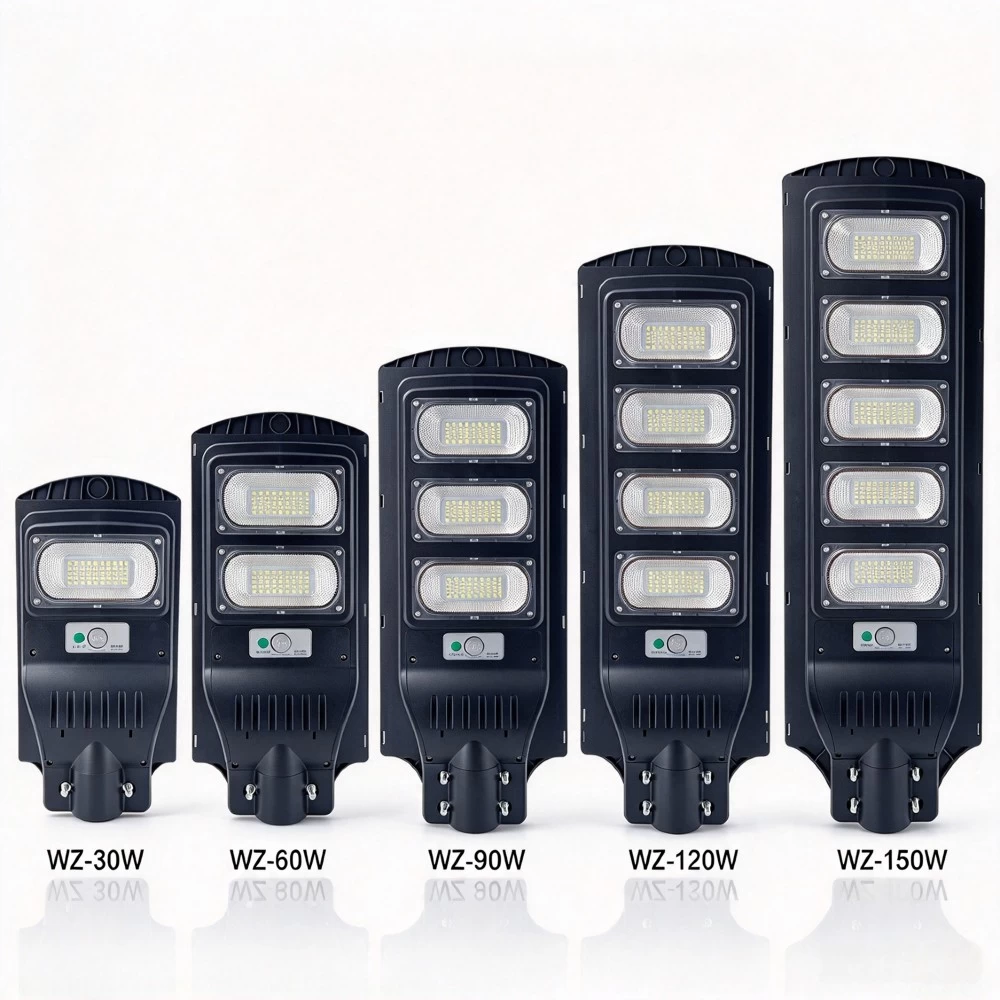30W to 150W integrated solar LED street light lineup in five wattage sizes for outdoor roadway lighting.
