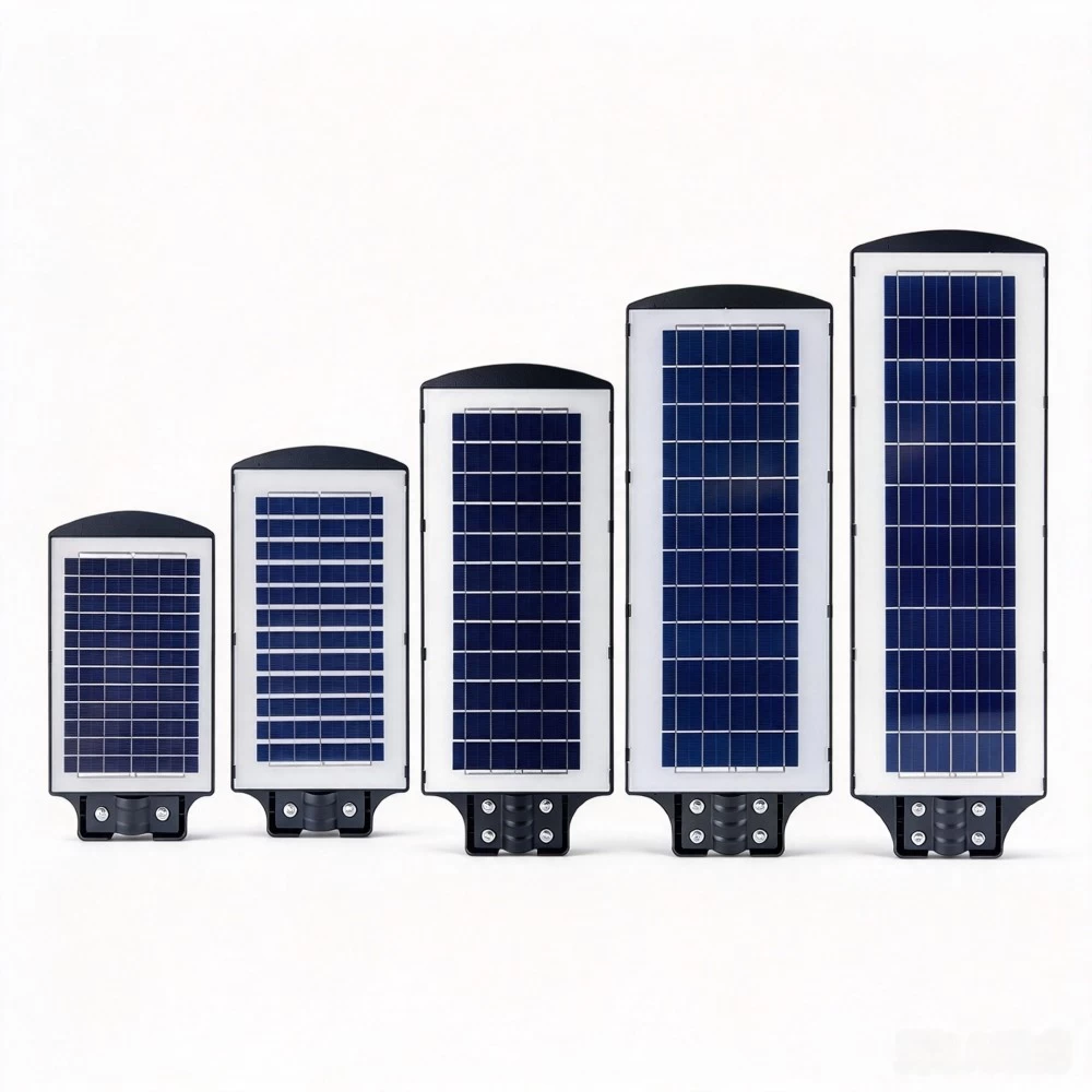 Back view of 30W-150W integrated solar street light series showing high-efficiency solar panels.