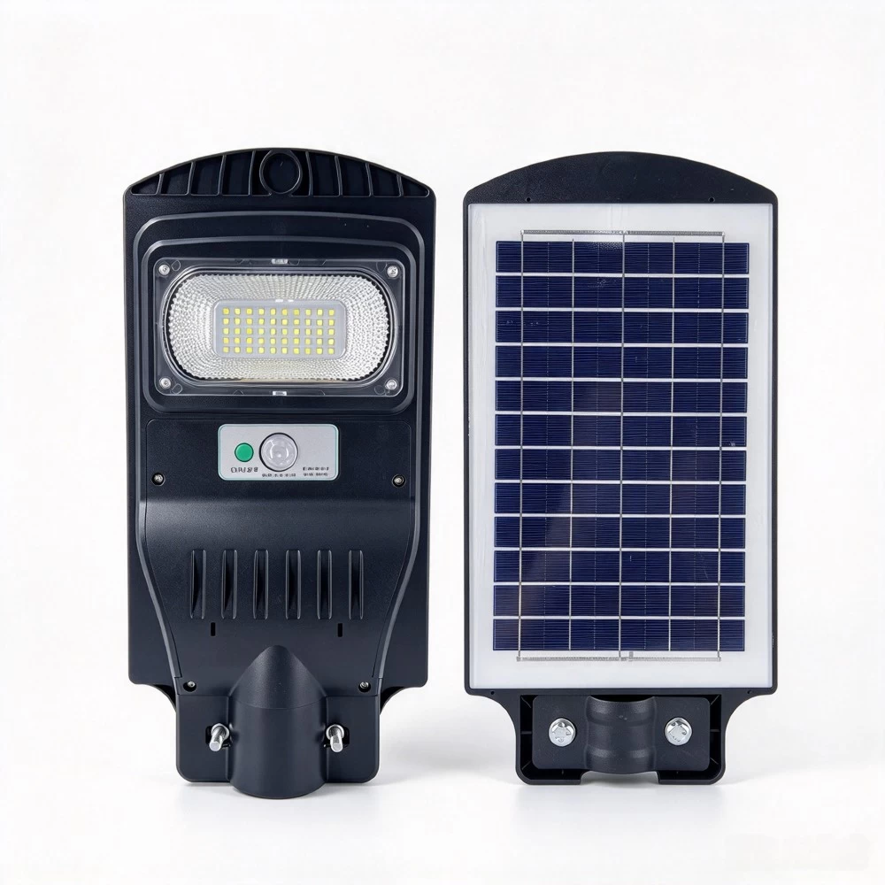 Front and back view of 30W integrated solar LED street light showing LED module and top solar panel.