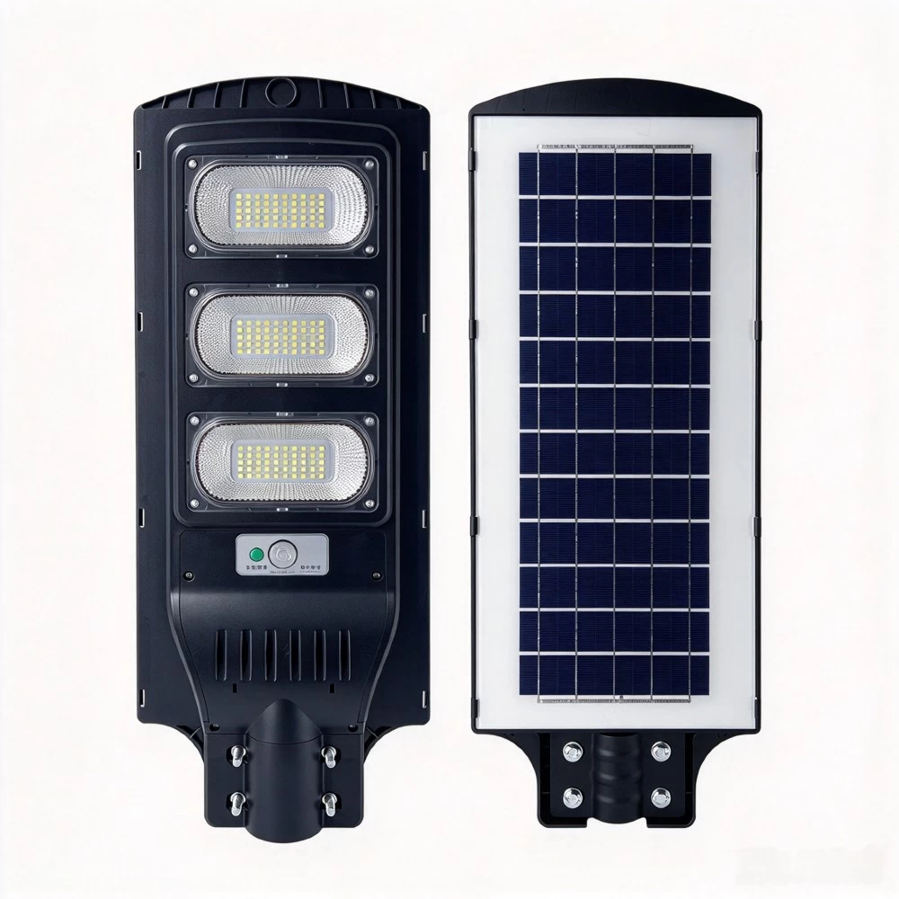 90W integrated outdoor solar LED street lamp with weatherproof casing and integrated solar panel.