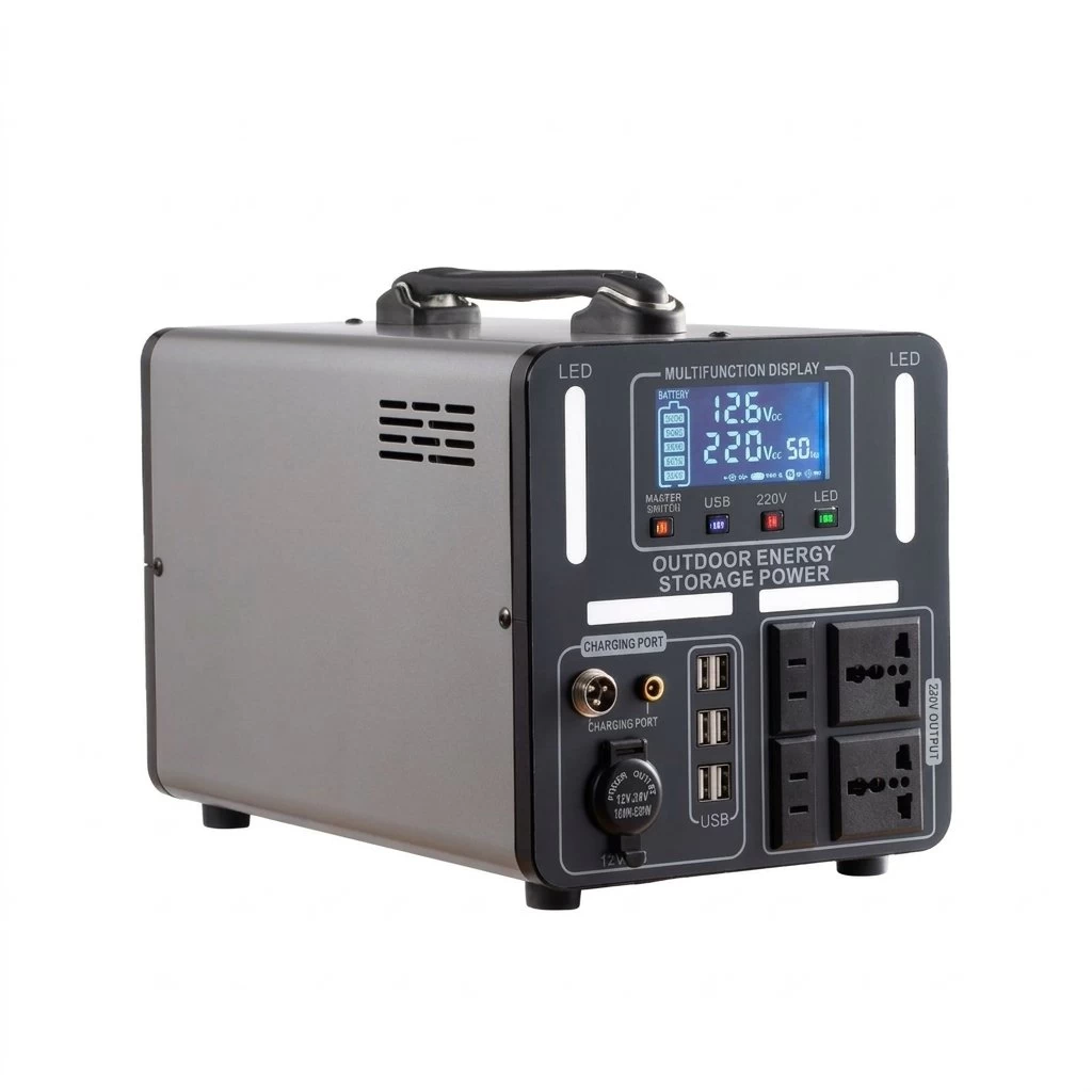 Side perspective view of 1000W portable power station on white background with LCD display and active cooling vents