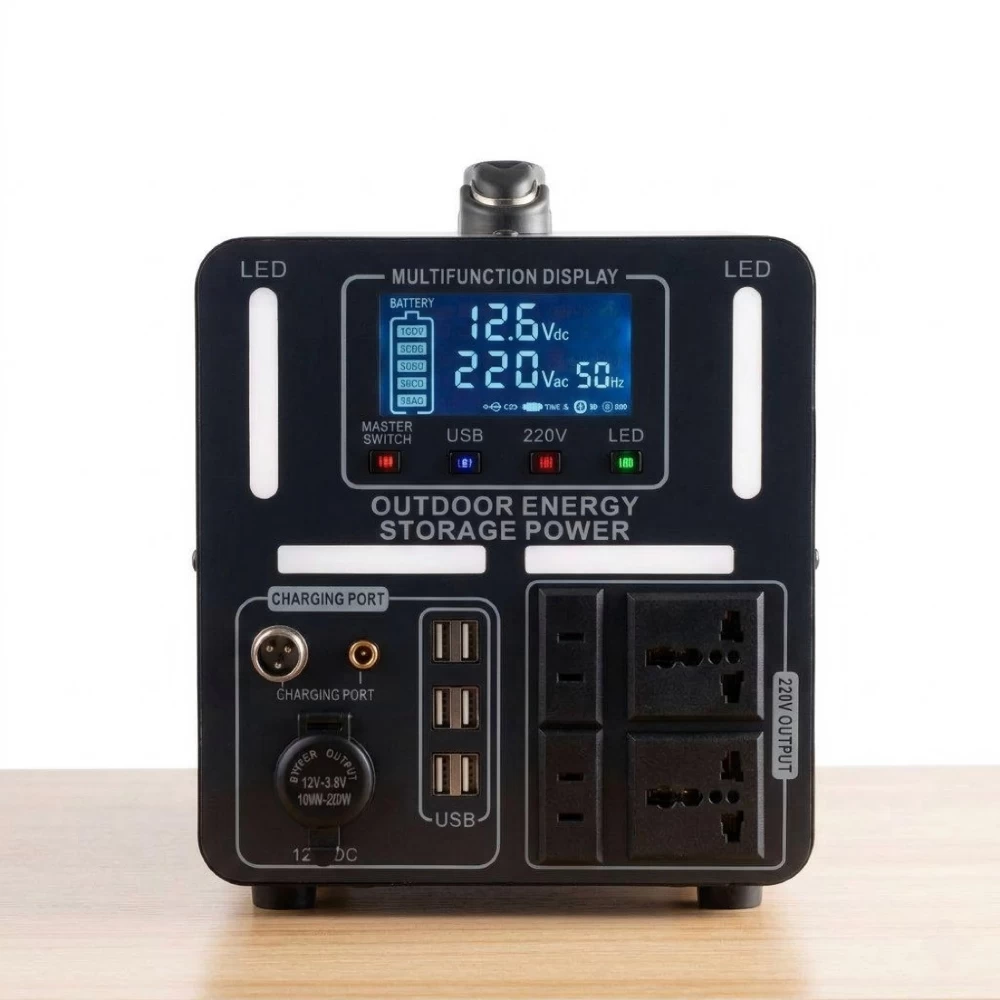 Side perspective view of 2000W portable power station on white background with LCD screen and active cooling vents