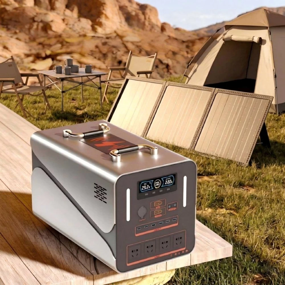 Feature graphic displaying 4 AC outlets, 65W Type-C ports, 1000W solar charging input, and outdoor power application scenarios