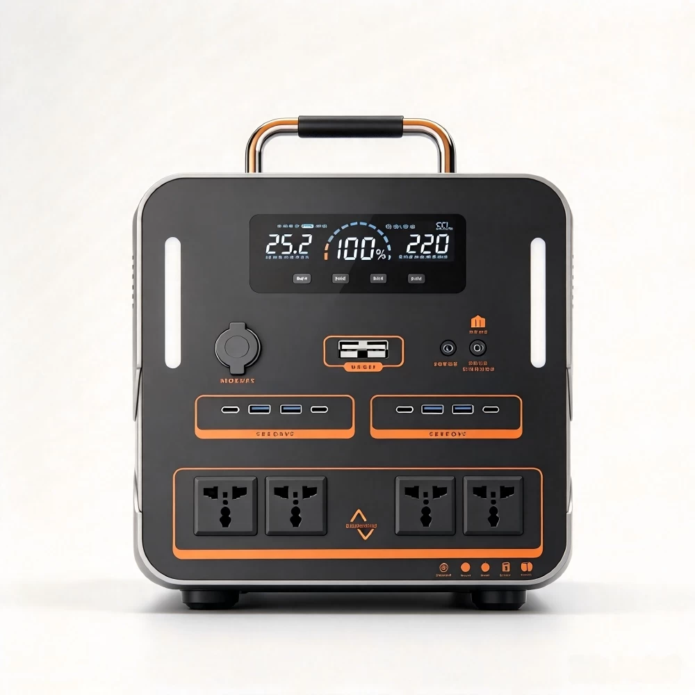 Front view of 3000W LiFePO4 power station showing clear LCD display, multiple AC DC USB ports, and heavy-duty handle