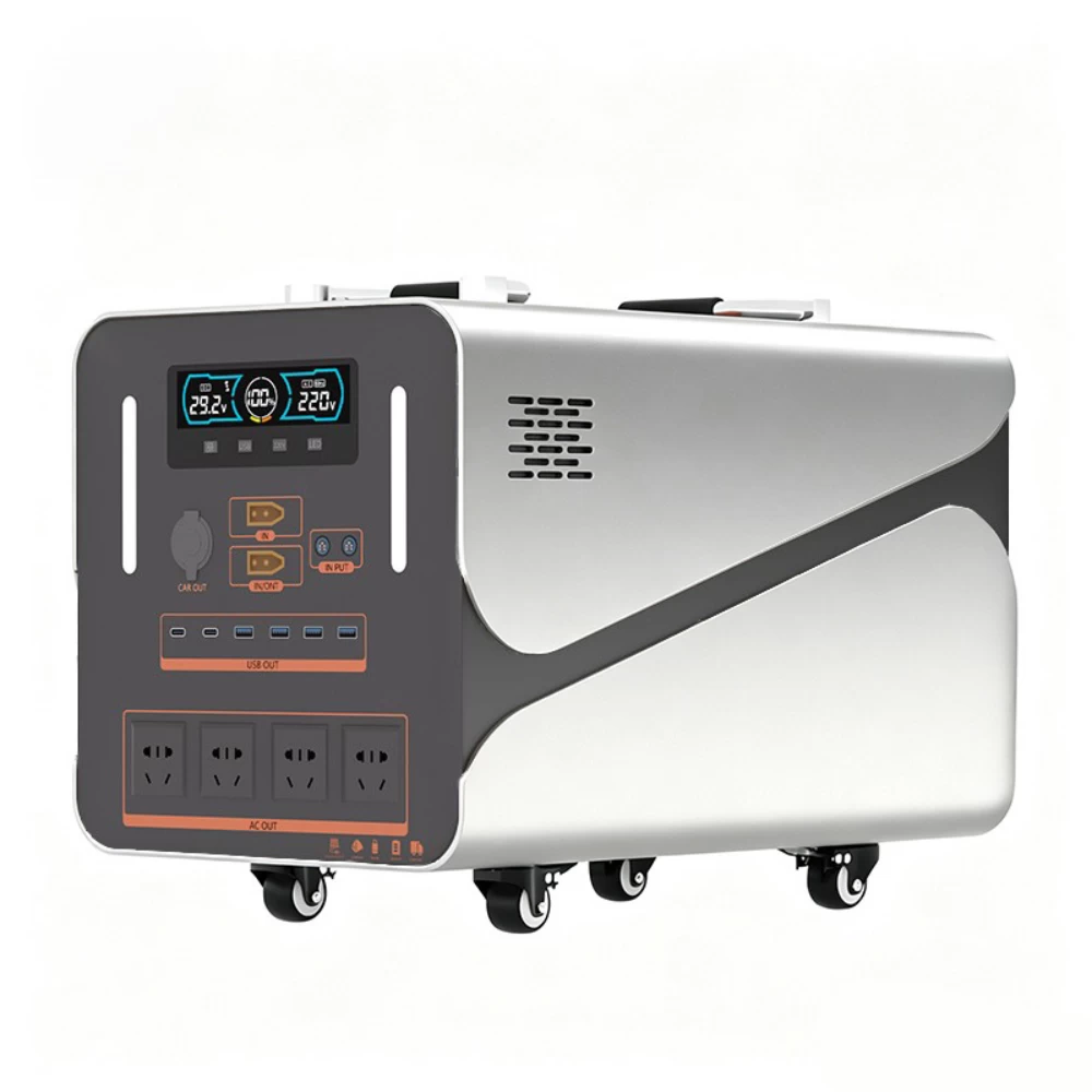 Side perspective view of 3000W eco-friendly portable solar generator on white background with LCD screen and active cooling vents