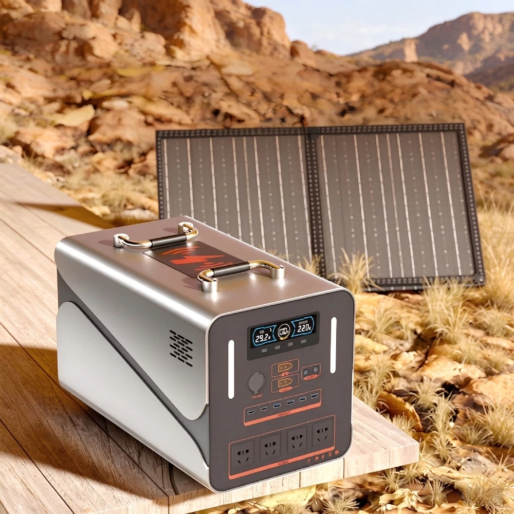 2000W portable power station charging via folding solar panels on a rocky outdoor field