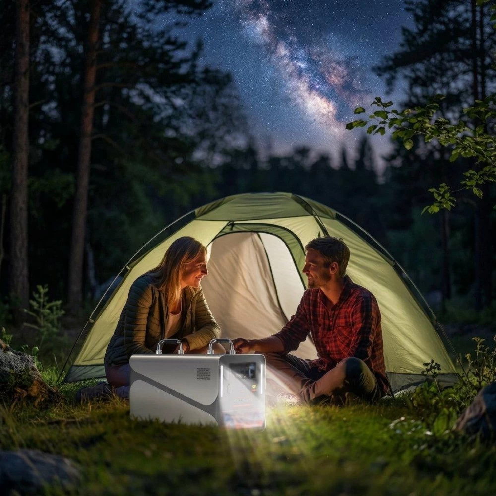 1200W portable power station charging via folding solar panels on a rocky outdoor field
