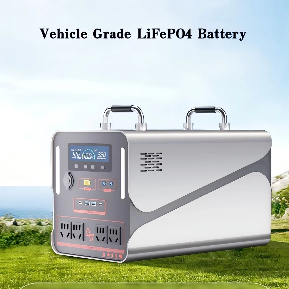1200W vehicle-grade LiFePO4 portable power station setup outdoors on green grass for camping energy backup