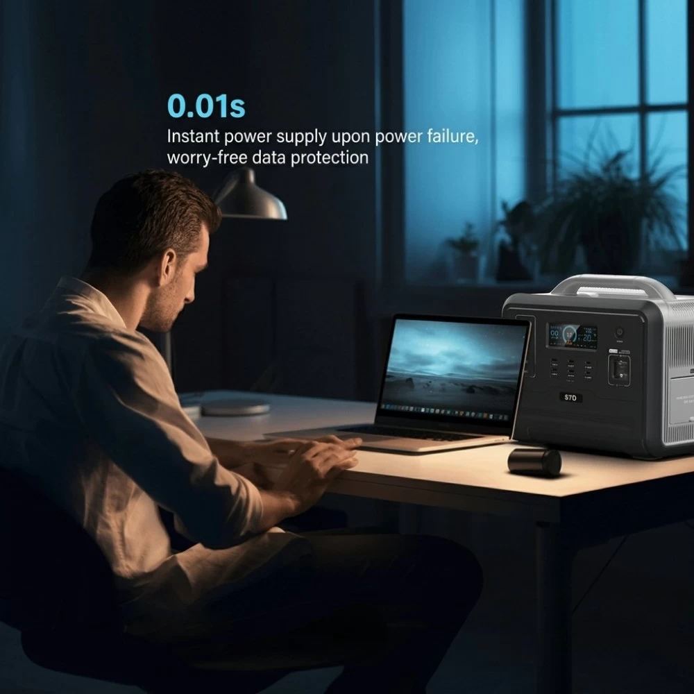 Man working on laptop using portable power station with 0.01s instant UPS power backup