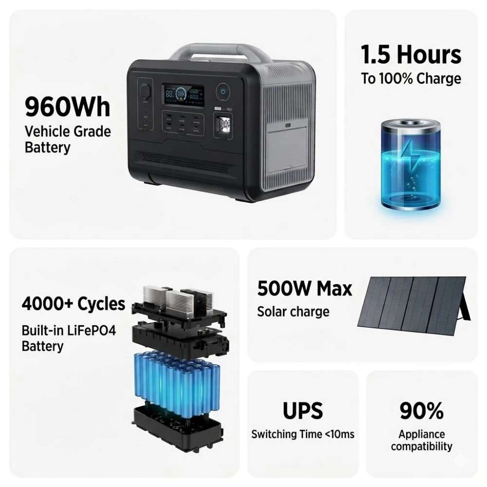Portable power station features with 960Wh LiFePO4 battery, 1.5-hour fast charging, 500W solar input, and <10ms UPS switching.