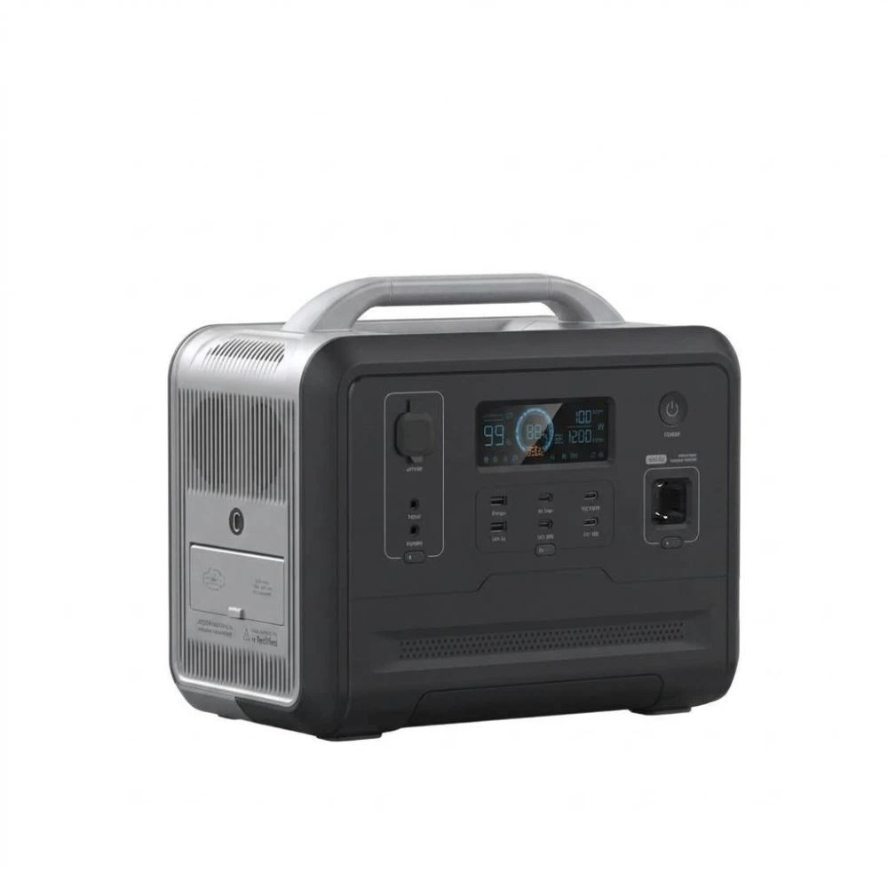 Black and silver portable power station featuring a top handle, smart LCD screen, AC outlets, USB ports, and DC car socket