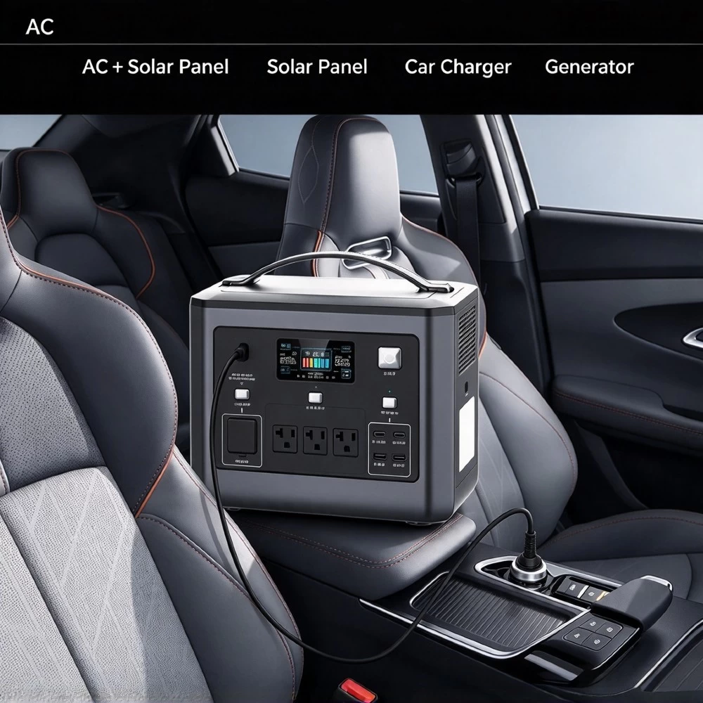 Tylon 768Wh portable power station being charged via 12V car cigarette lighter port inside a vehicle