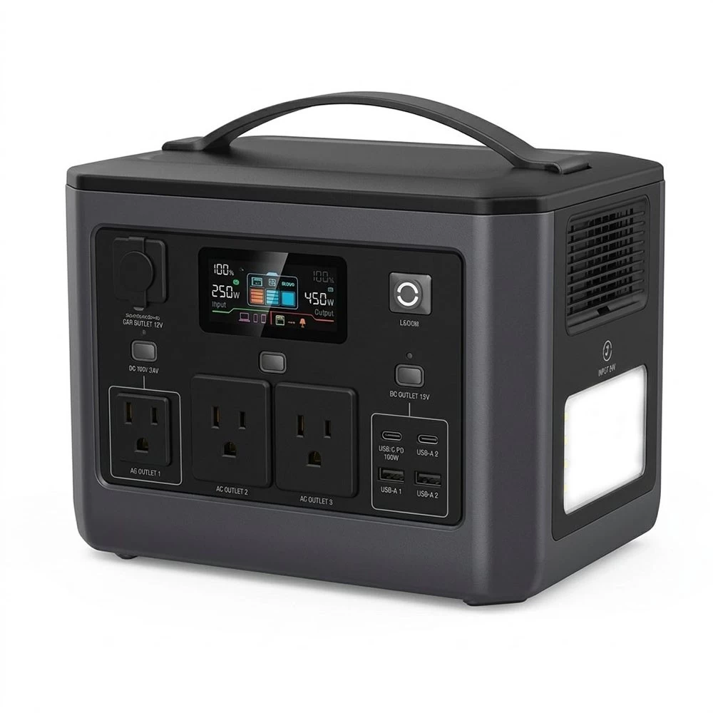 Black 768Wh portable power station front panel with AC, USB, and DC output ports