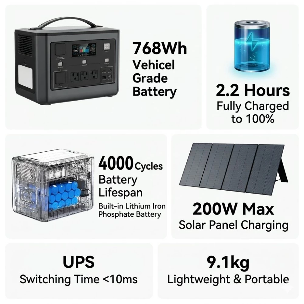 Infographic showing Tylon 768Wh power station features: 4000+ LiFePO4 cycles, 200W solar charging, and <10ms UPS
