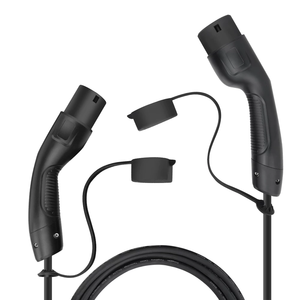Tylon EN 32A single phase AC EV charging cable on supply side with ergonomic dual handles and protective caps