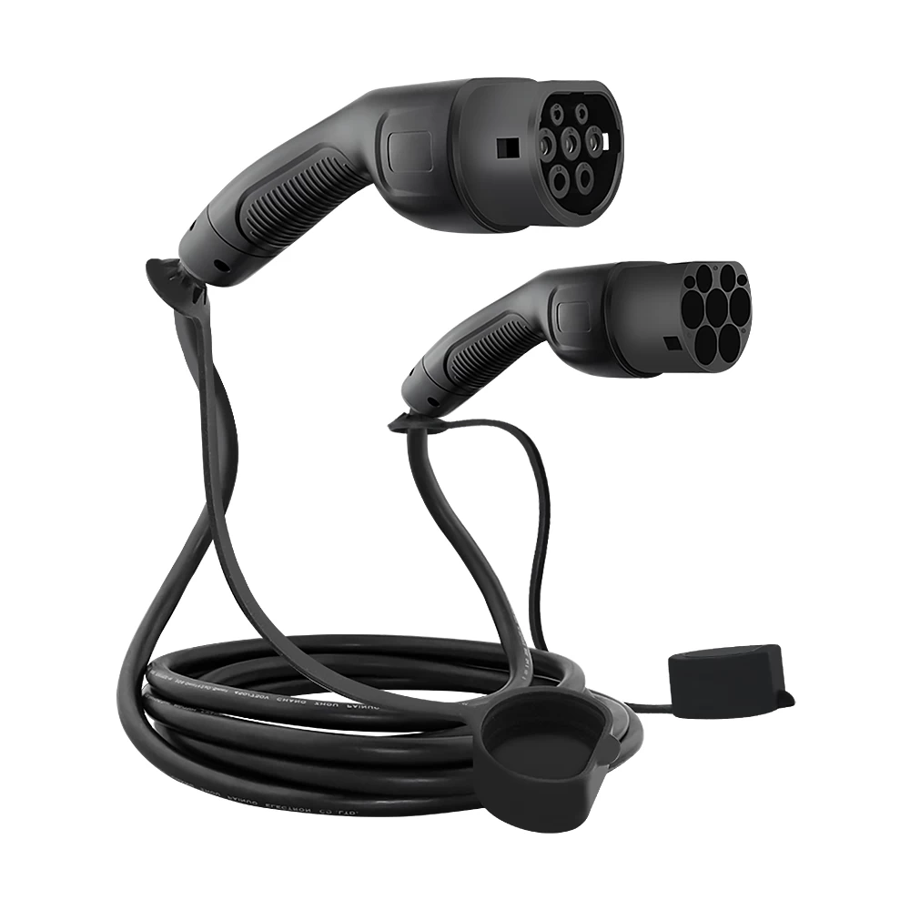 Coiled Type 2 EV charging cable with silver contacts and protective dust caps.