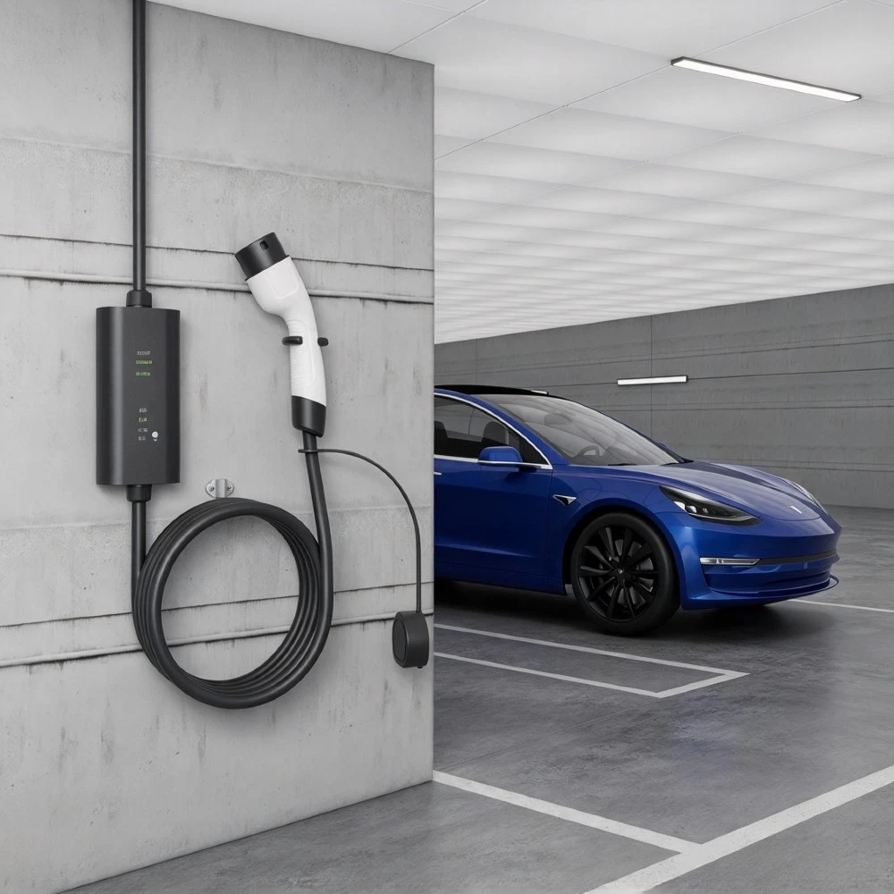 16A Type 2 portable EV charging connector plugged into electric vehicle charging port