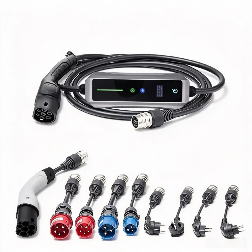 IP65 32A portable EV charger control box with customizable power adapters and plugs