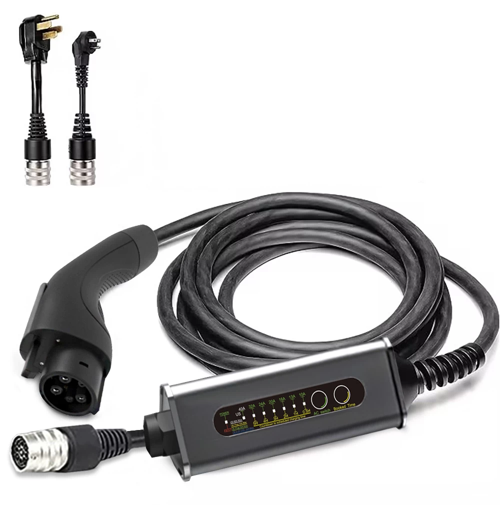 Tylon Type‑1 portable EV AC charger 16A‑40A compact monochrome LCD with interchangeable plugs