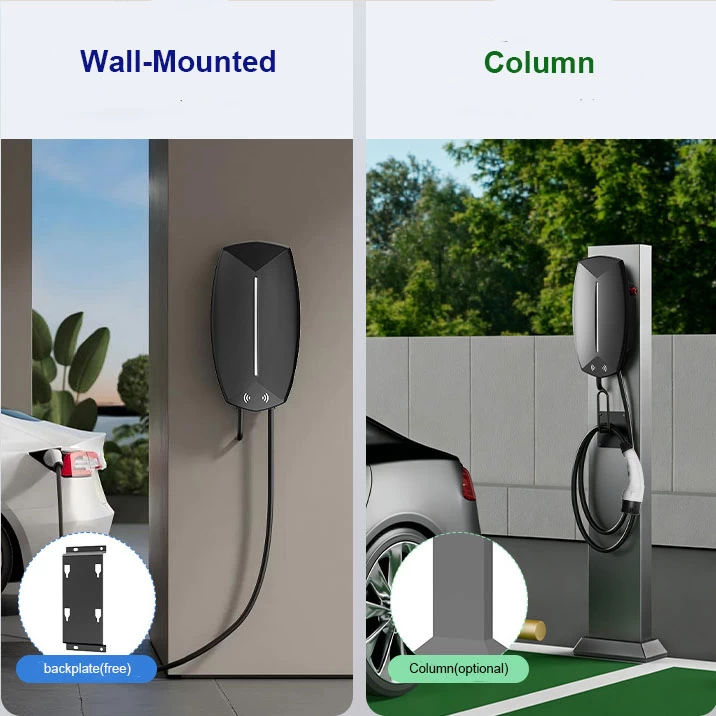 Q8 AC EV charger installed on wall and optional mounting pedestal column – Tylon Technology