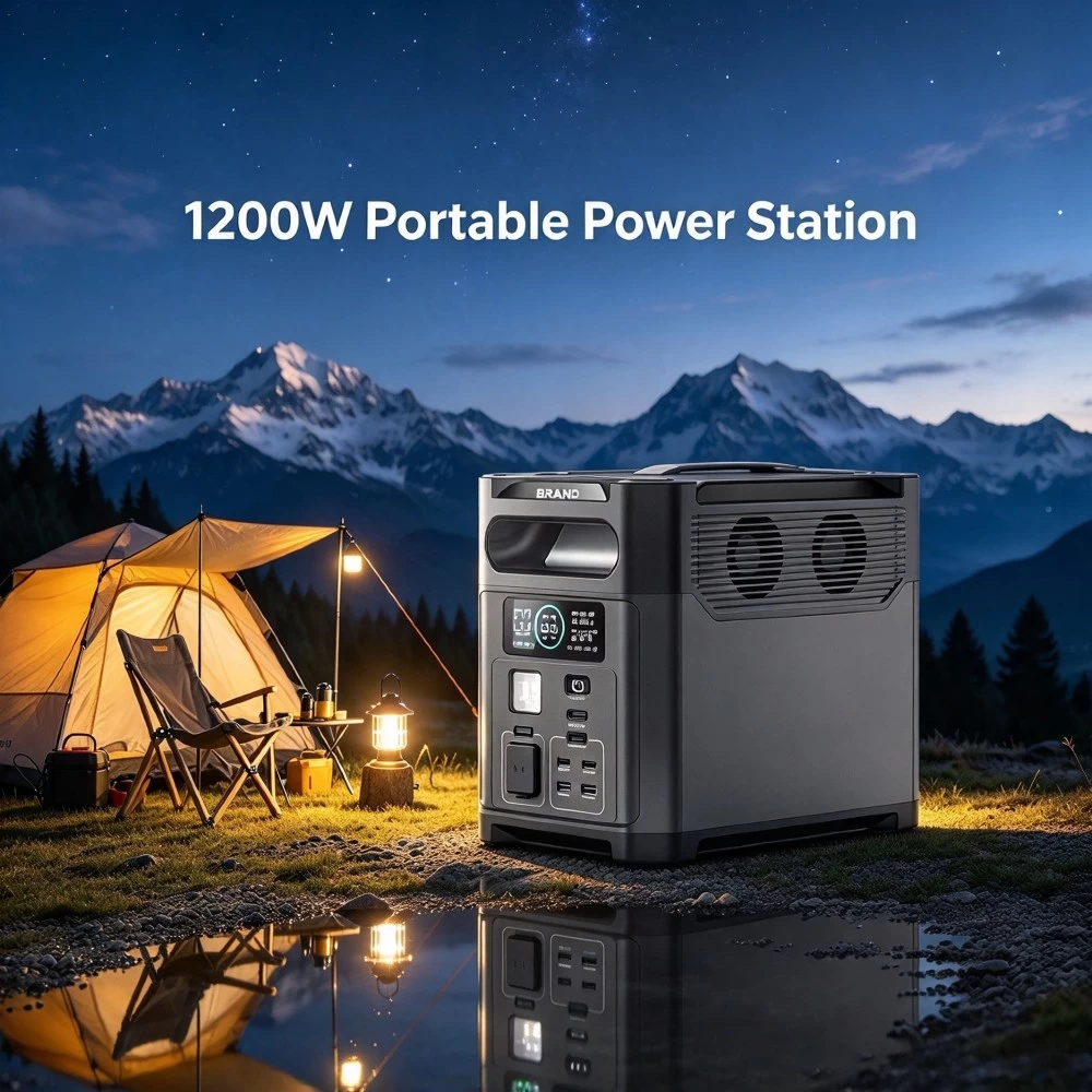 Tylon portable power station powering outdoor camping and RV off-grid equipment at night