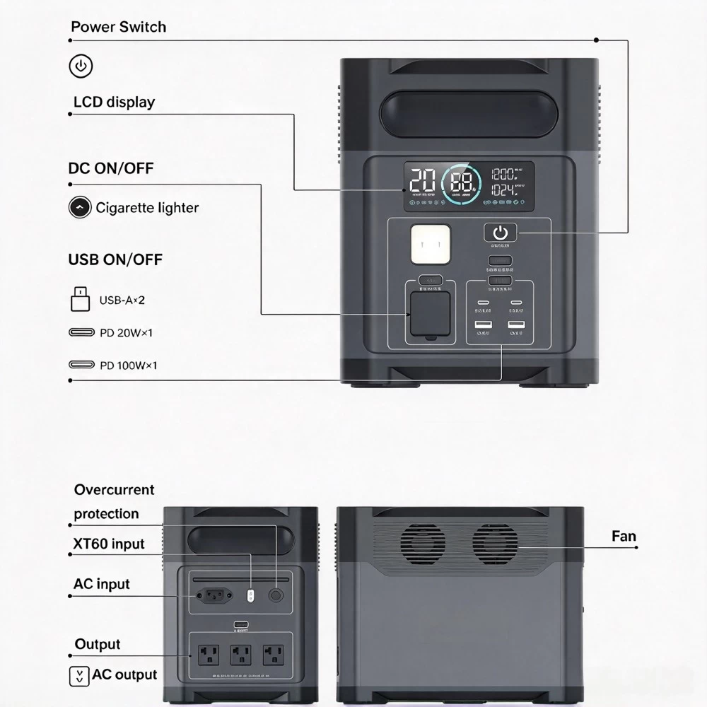 Multi-angle view of Tylon 1024Wh emergency backup power supply and charging accessories
