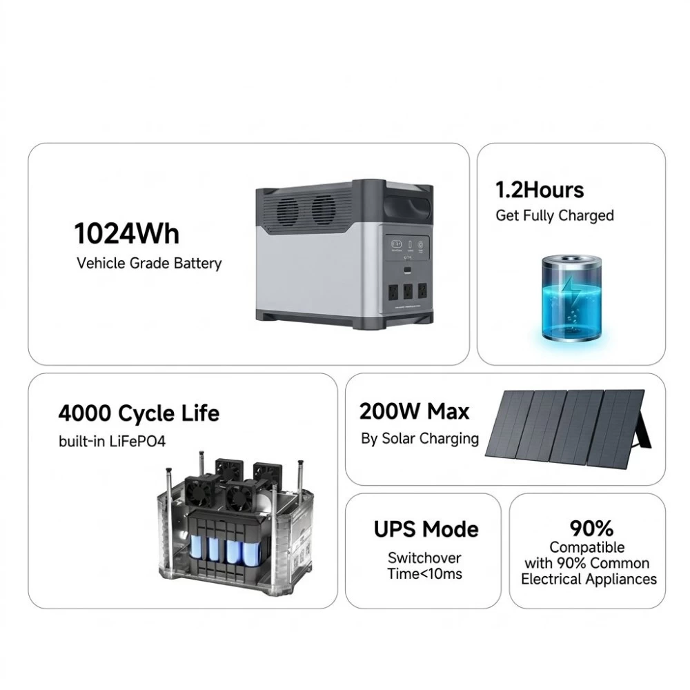 Specifications infographic of Tylon 1024Wh portable power station featuring 1.2h fast charging and UPS mode