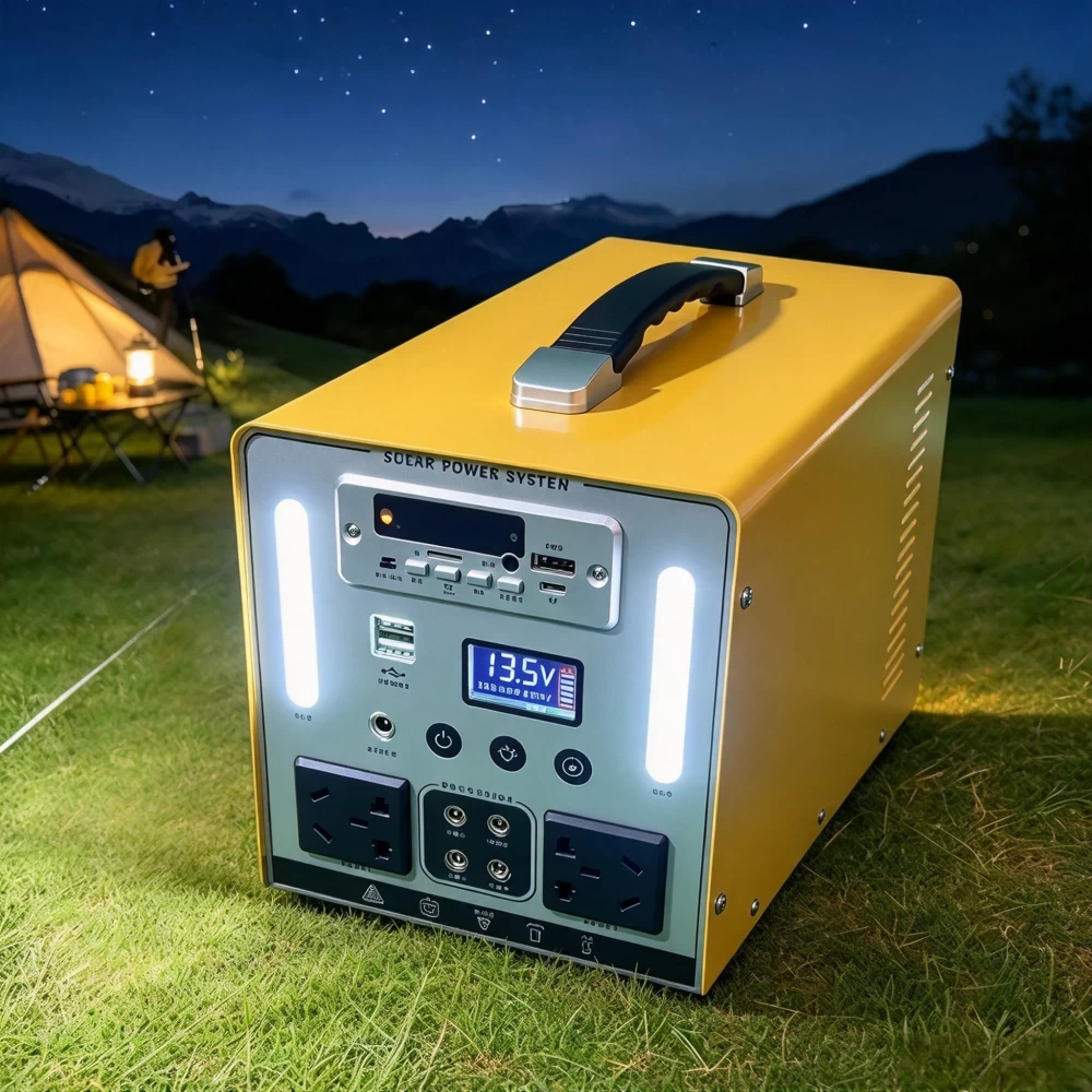 Close-up view of Tylon 1000W solar generator's durable steel handle and compact profile