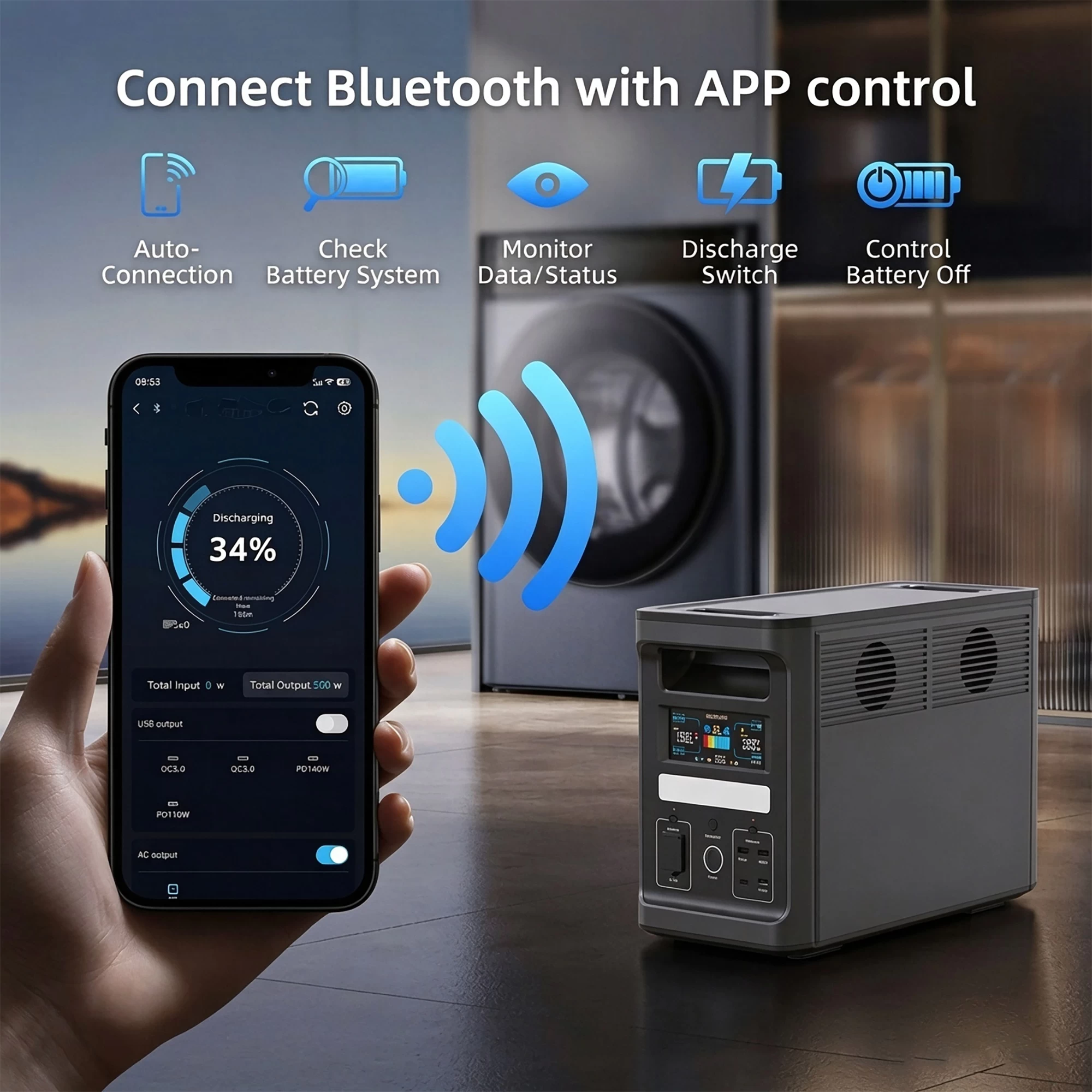 Smartphone app control interface connected to Tylon 1800W portable solar generator