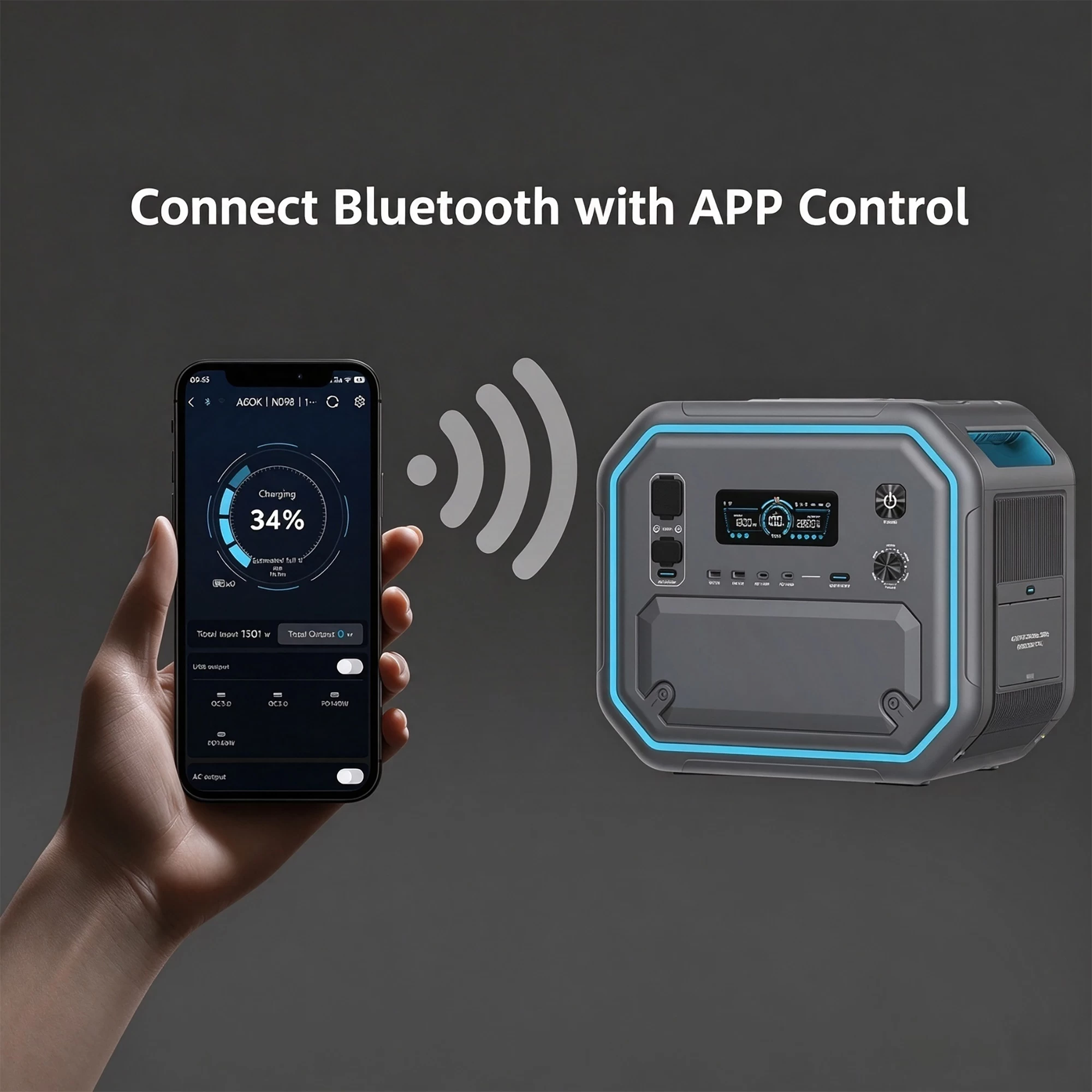 Smartphone app control interface connected to Tylon 2500W portable solar generator