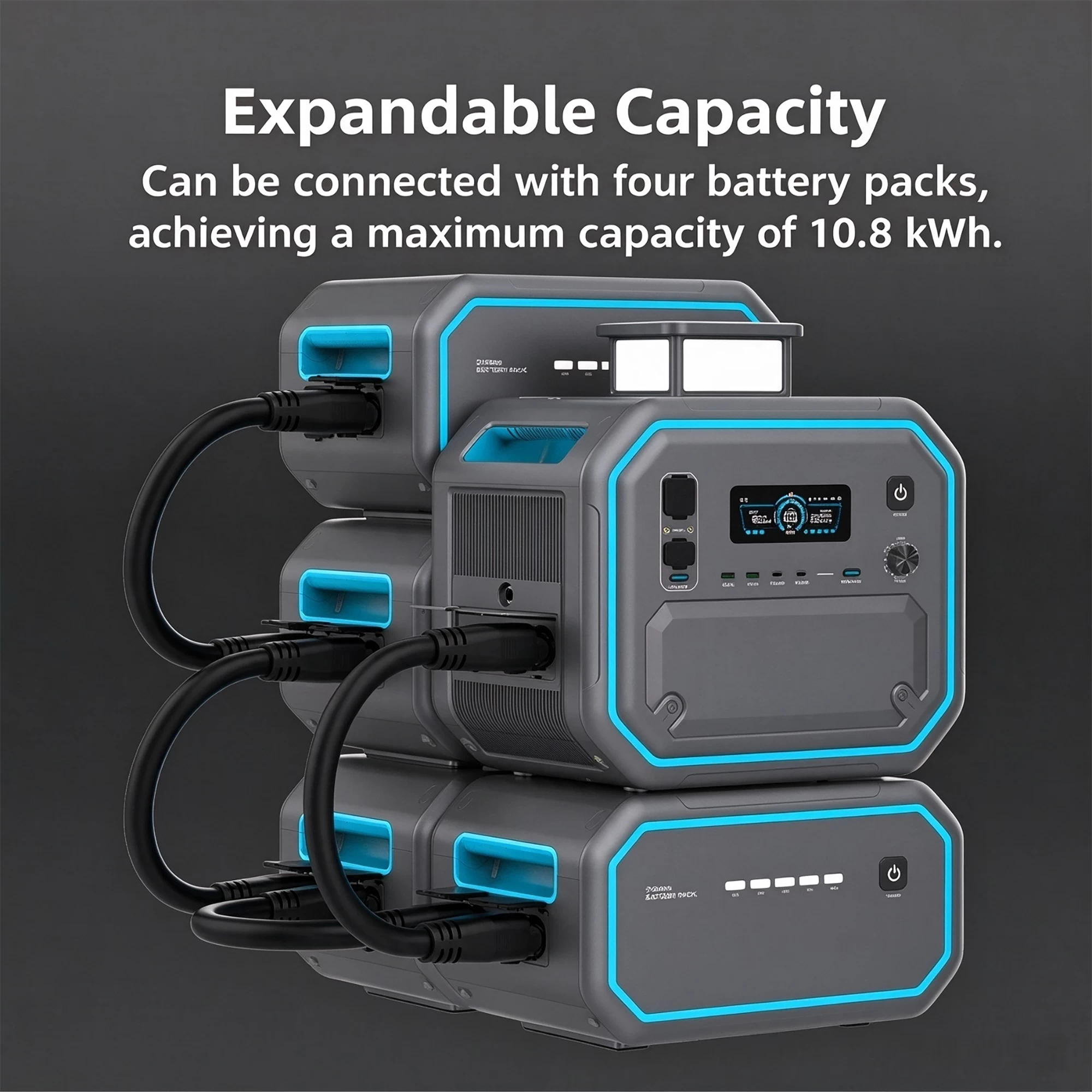 2500W portable power station paired with extra battery packs for 10.8KWh total capacity