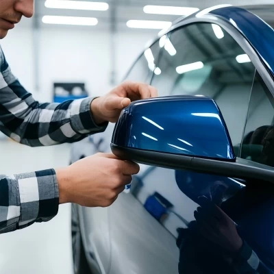 Blue automotive side mirror replacement part being fitted