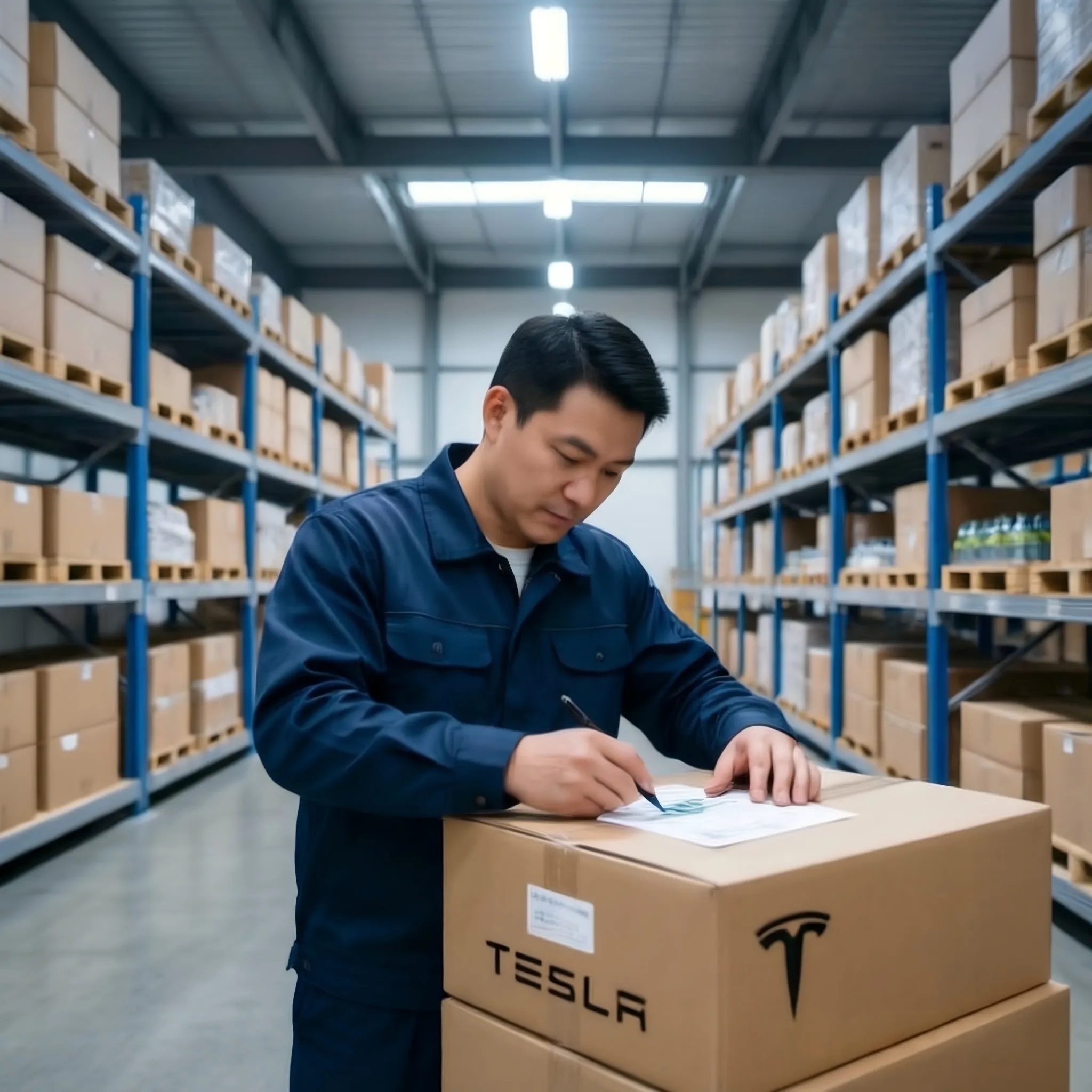 Tesla parts warehouse worker inspecting and signing for branded shipping boxes in organized storage facility