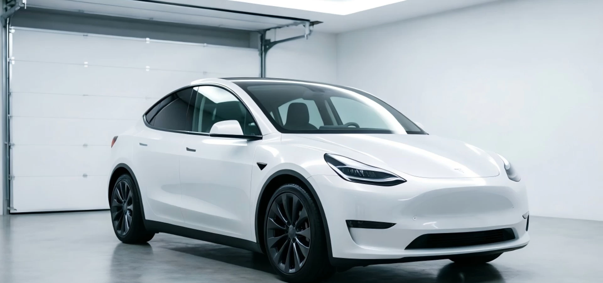 White Tesla Model Y with aftermarket performance and style upgradesslider_item_2