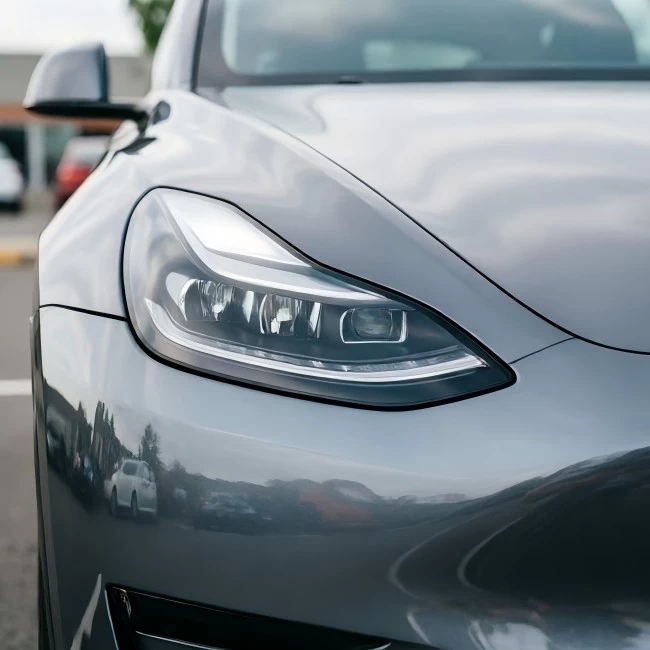 Tesla Model Y front headlight close-up, silver gray paint, LED daytime running lights and projector lens visible, modern EV design